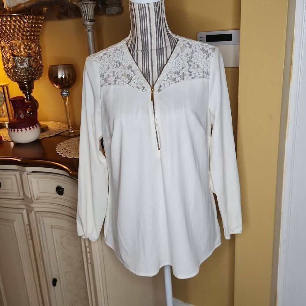 Thalia Sodi ivory lace blouse women's size M